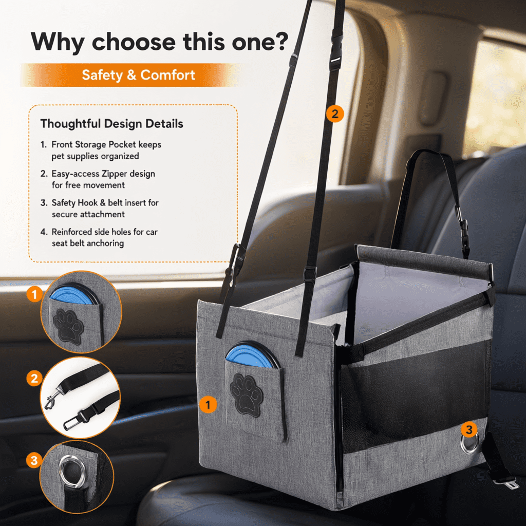 Doulami Dog Car Seat, Dog Car Booster Seat for Small Medium Dogs 5-15 lbs, Foldable Front Seat Safety with Sturdy PVC Tube Frame, Breathable Mesh, Grey