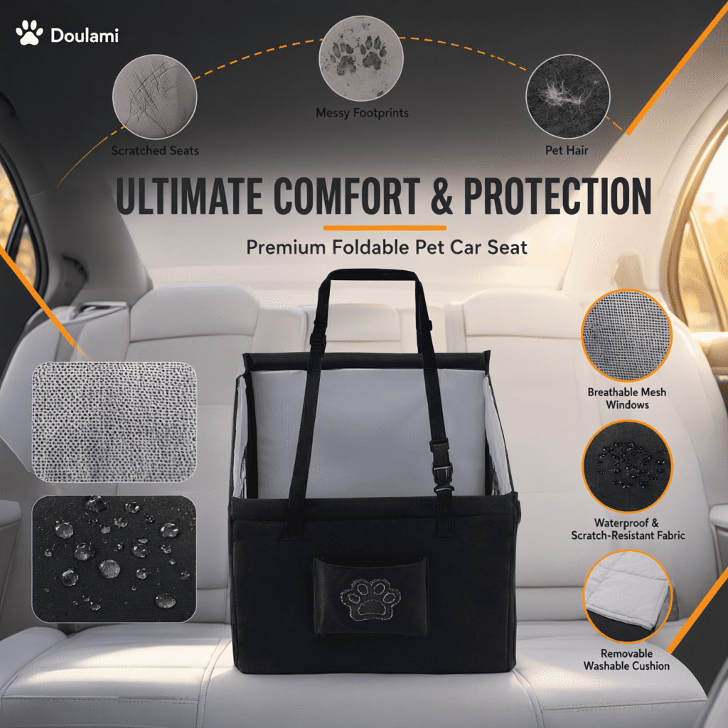 Doulami Dog Car Seat, Dog Car Booster Seat for Small Medium Dogs 5-15 lbs, Foldable Front Seat Safety with Sturdy PVC Tube Frame, Breathable Mesh, Grey