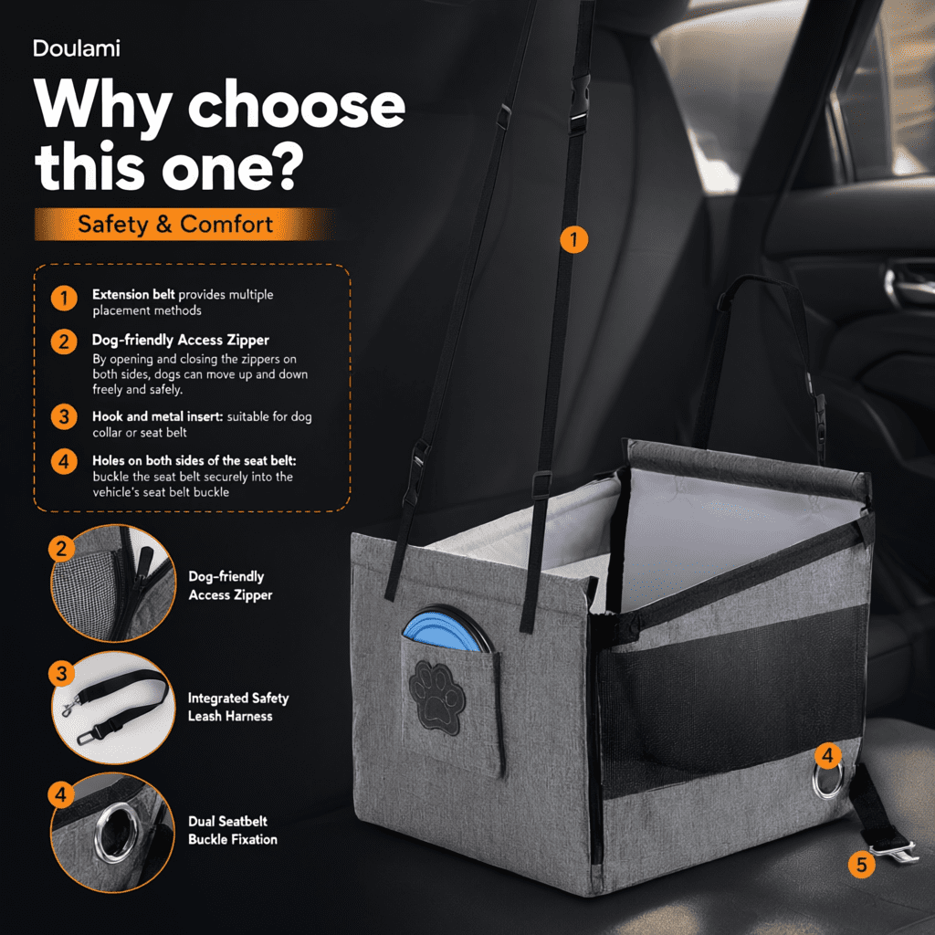 Doulami Dog Car Seat, Dog Car Booster Seat for Small Medium Dogs 5-15 lbs, Foldable Front Seat Safety with Sturdy PVC Tube Frame, Breathable Mesh, Grey