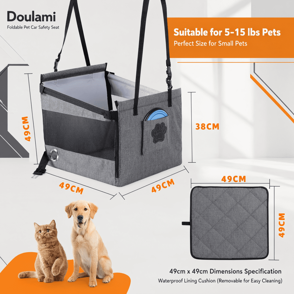 Doulami Dog Car Seat, Dog Car Booster Seat for Small Medium Dogs 5-15 lbs, Foldable Front Seat Safety with Sturdy PVC Tube Frame, Breathable Mesh, Grey